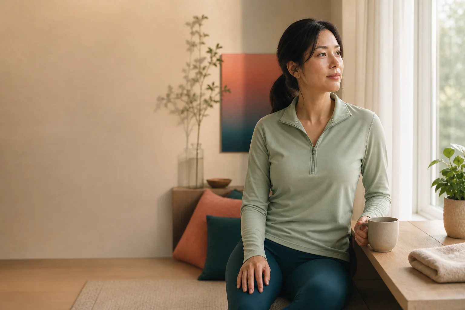 Korean woman in casual athleisure reflecting by a sunlit window