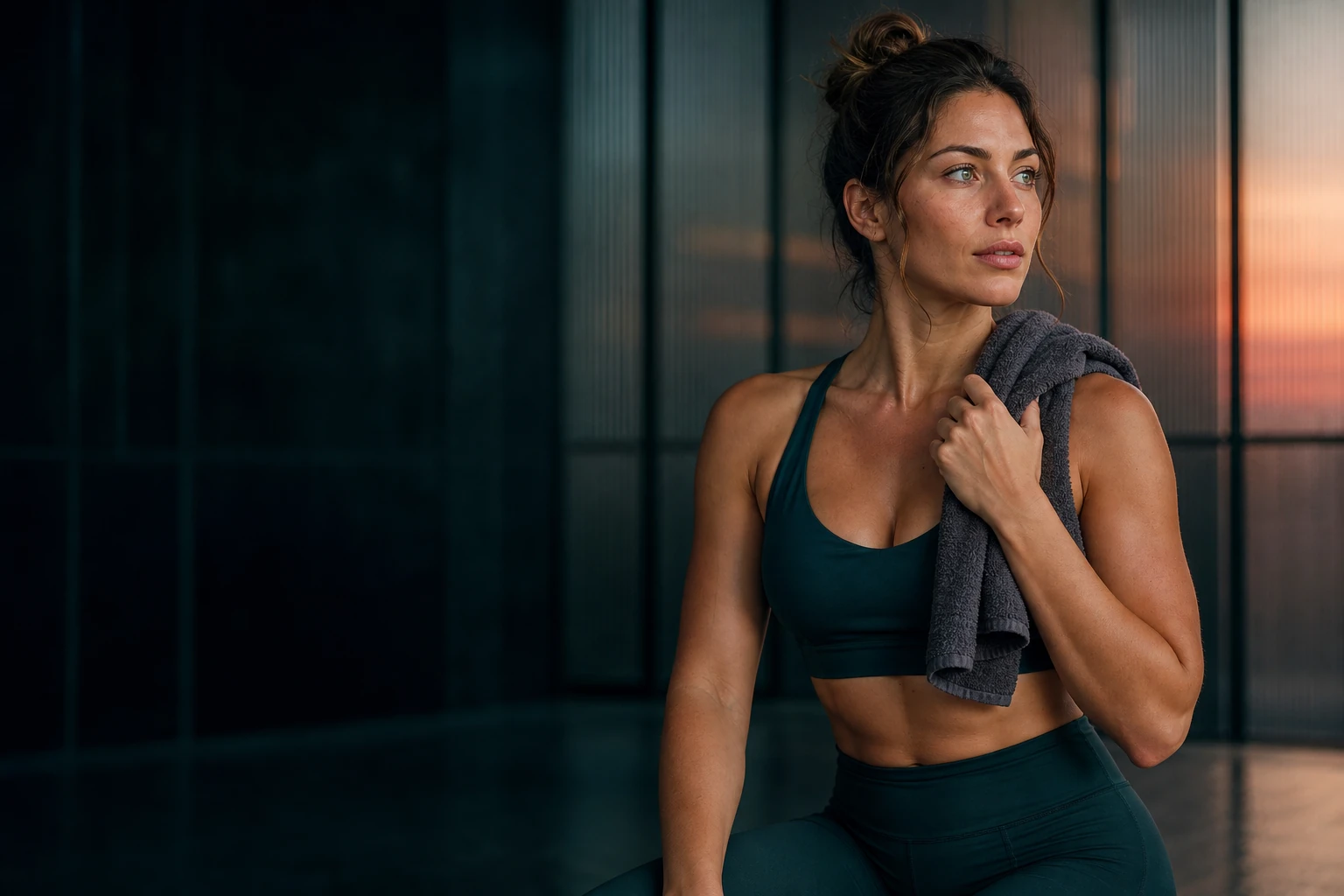 Green-eyed woman with natural blonde highlights resting after a workout in a softly lit coral and teal studio