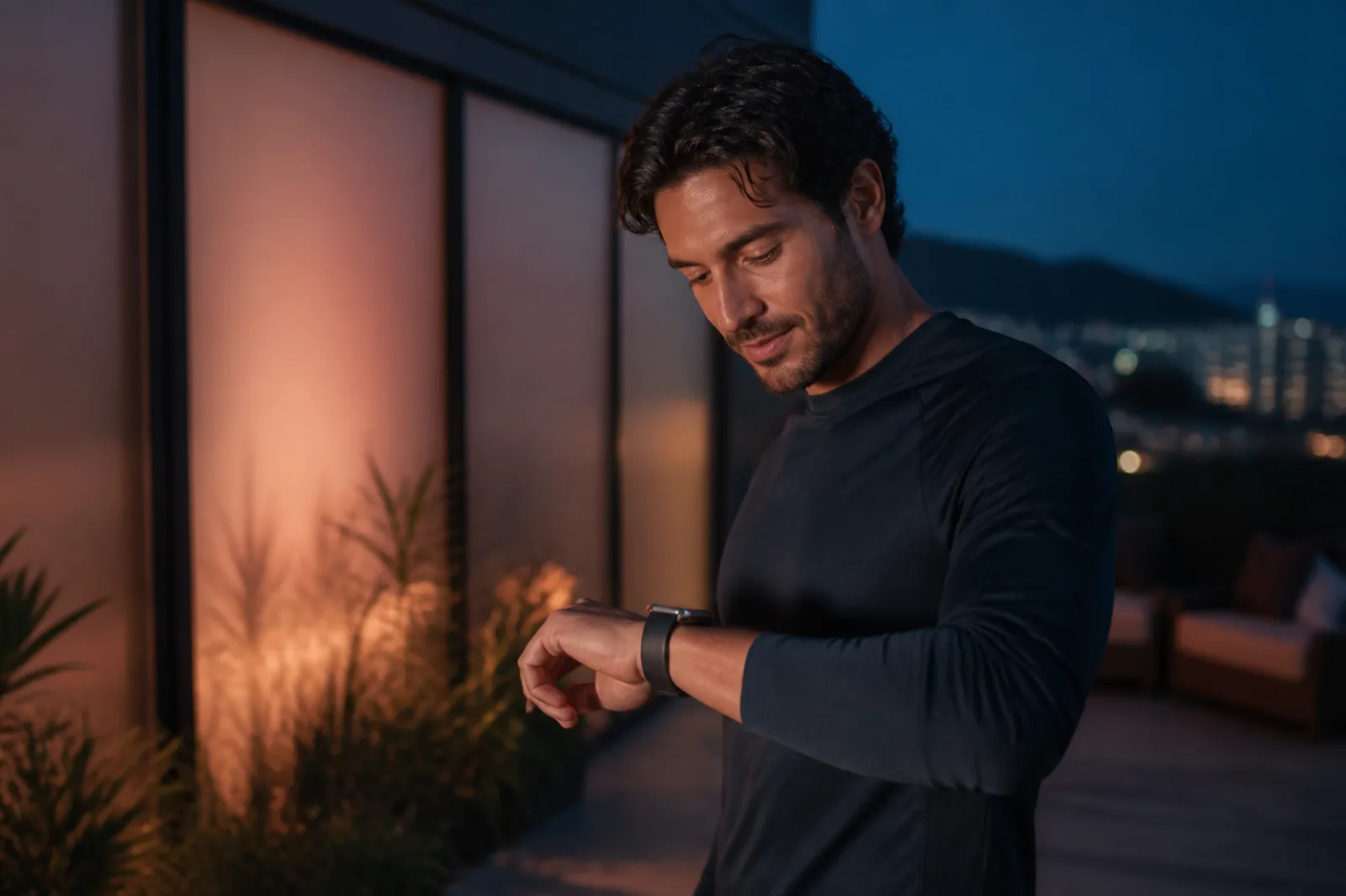 Man reviewing a wearable after exercise in soft evening light