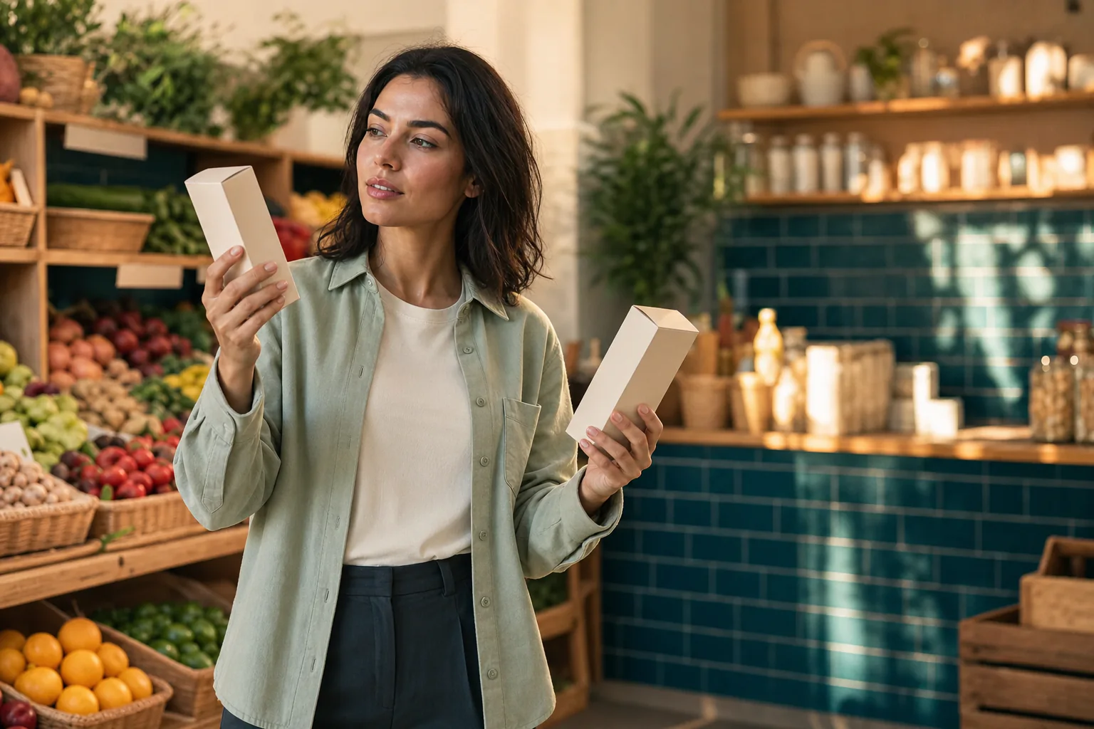 Woman comparing two unbranded products in a neighborhood market