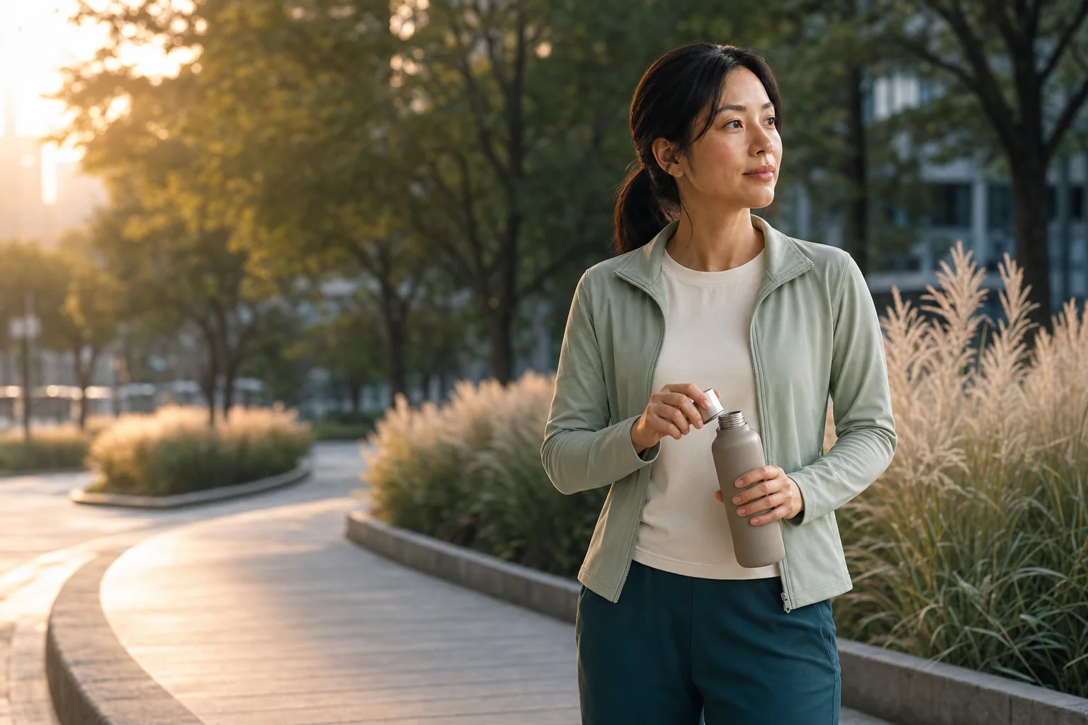 Korean woman pausing with a water bottle during a morning walk