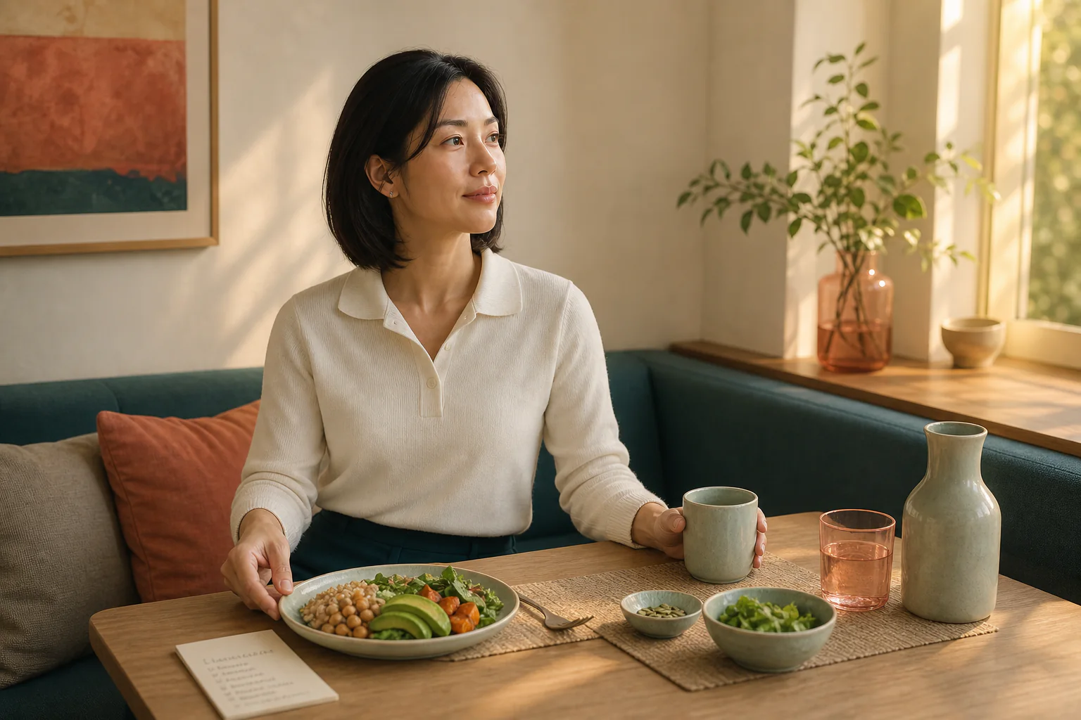 Korean woman arranging a balanced lunch in a warm dining nook