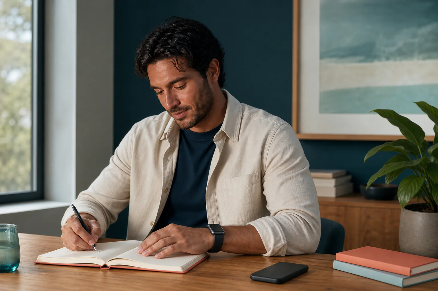 Man writing a private progress note in a calm home office