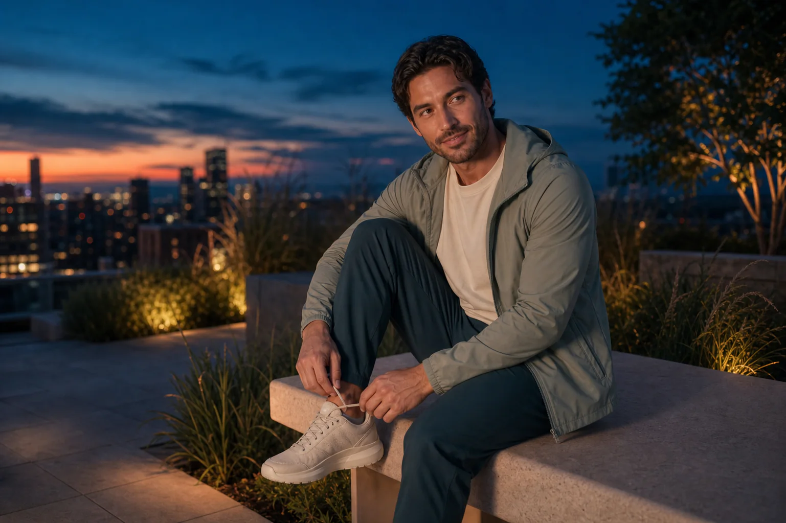 Man tying his shoe after an evening walk in a rooftop garden