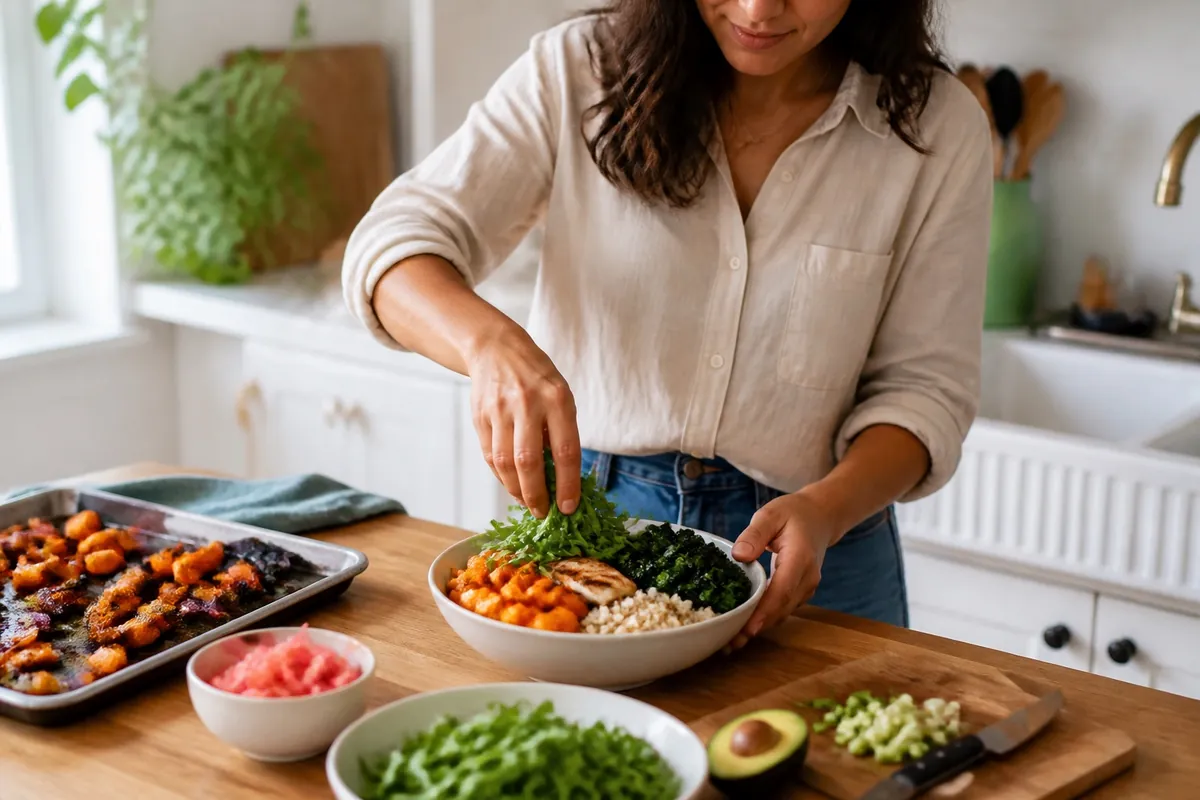 A person assembling a balanced lunch in a home kitchen