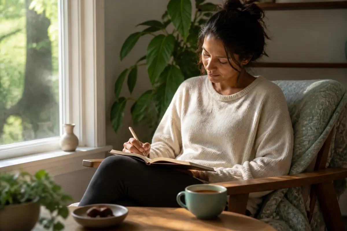 A woman writing a private reflection by a sunny window