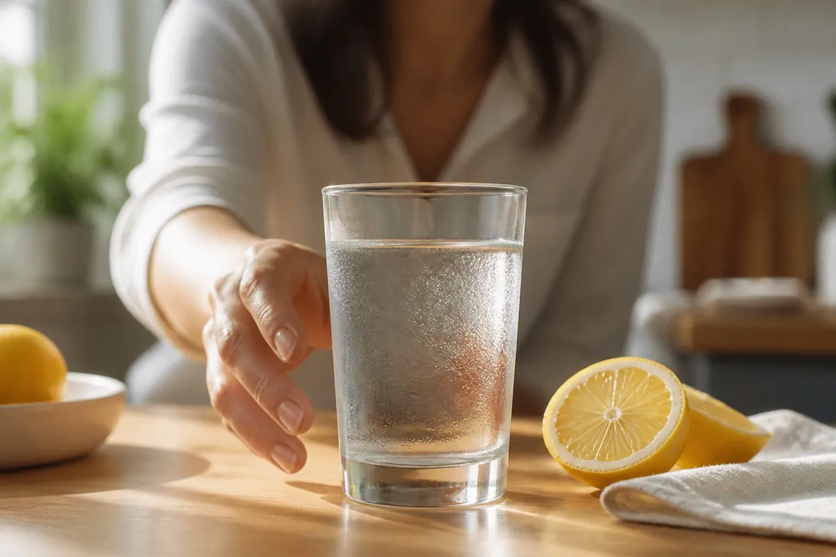 A woman reaching for a chilled glass of water beside lemons on a sunlit kitchen table